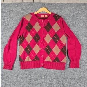 NorthCrest Classic Women's Argyle Knit Button Up Cardigan Sweater XL Red Brown